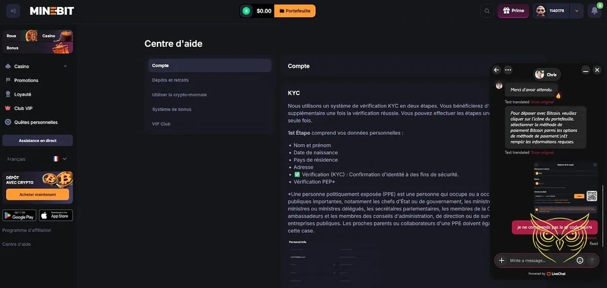 Icône du support client Minebit Casino