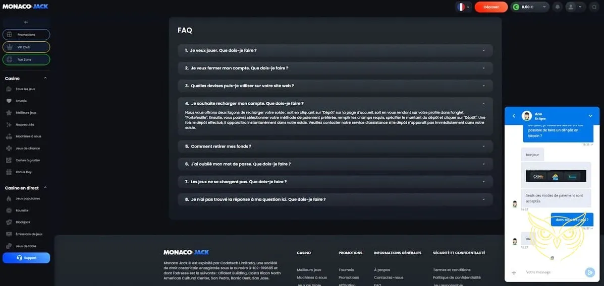 Capture d'écran des jeux en direct MonacoJack Casino