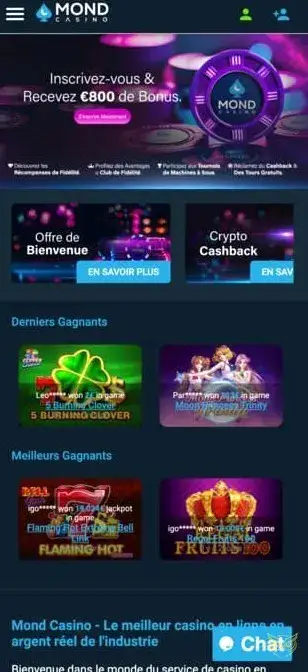 Interface de l'application mobile Mond Casino