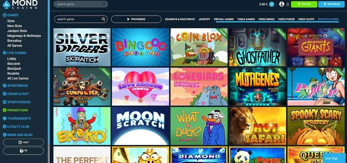Section des jeux disponibles sur Mond Casino