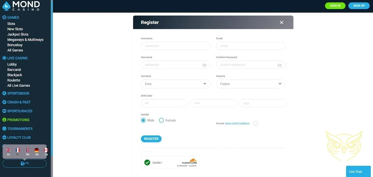 Interface de la section pari sportif Mond Casino