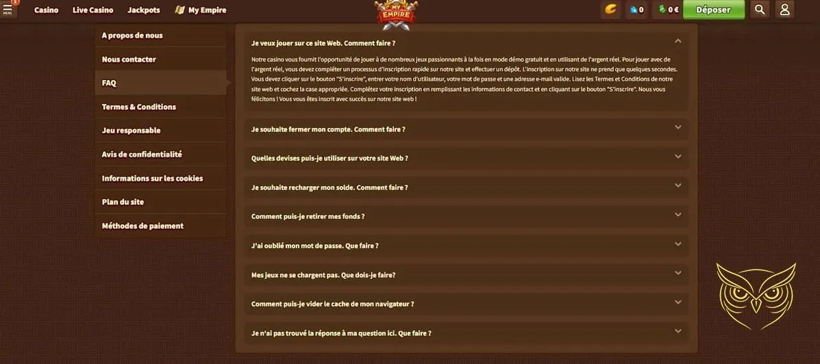 Section des règles et conditions du My Empire Casino