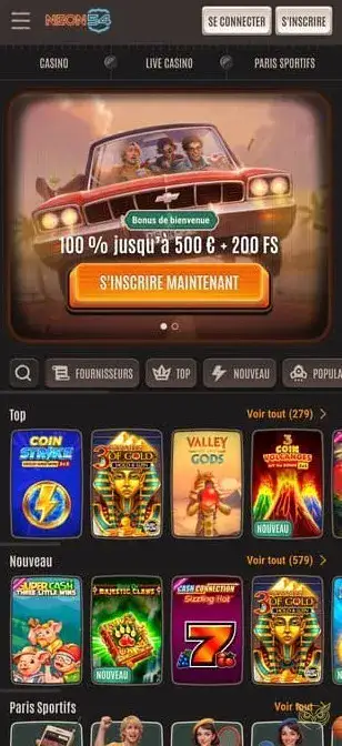Interface de l'application mobile Neon54 Casino