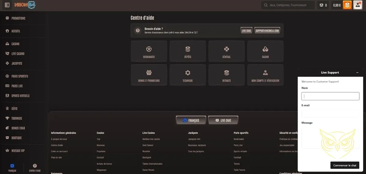 Section des paris en ligne Neon54 Casino