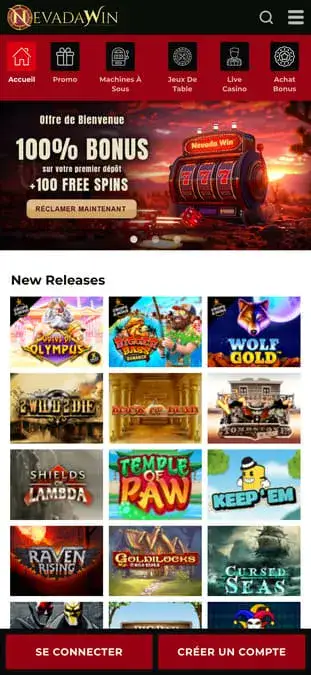 Interface de l'application mobile Nevada Win Casino