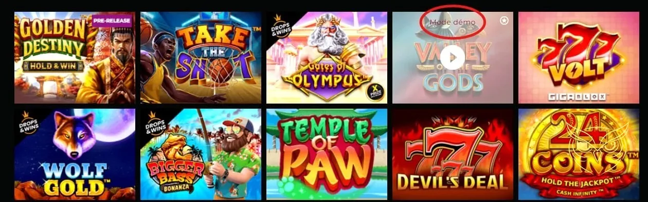 Interface de sélection des bonus Nevada Win