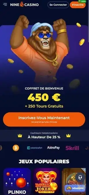 Écran de l'application mobile Nine Casino