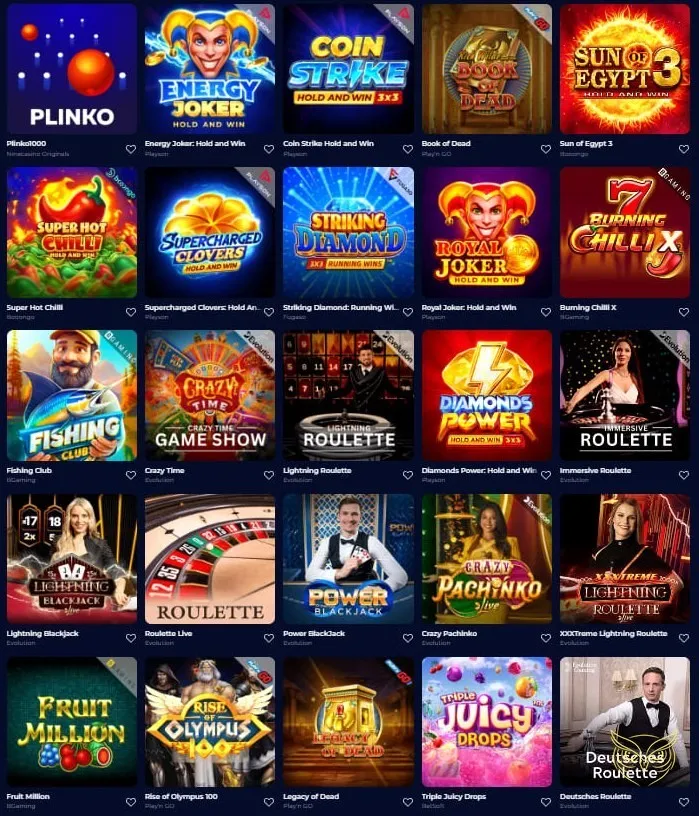 Page des tournois organisés par Nine Casino