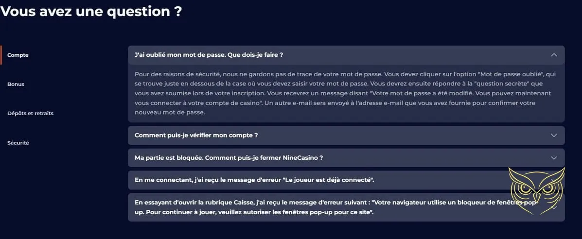 Interface de pari sportif sur Nine Casino