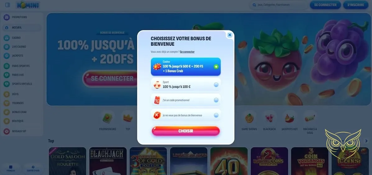 Présentation du bonus de bienvenue Nomini Casino