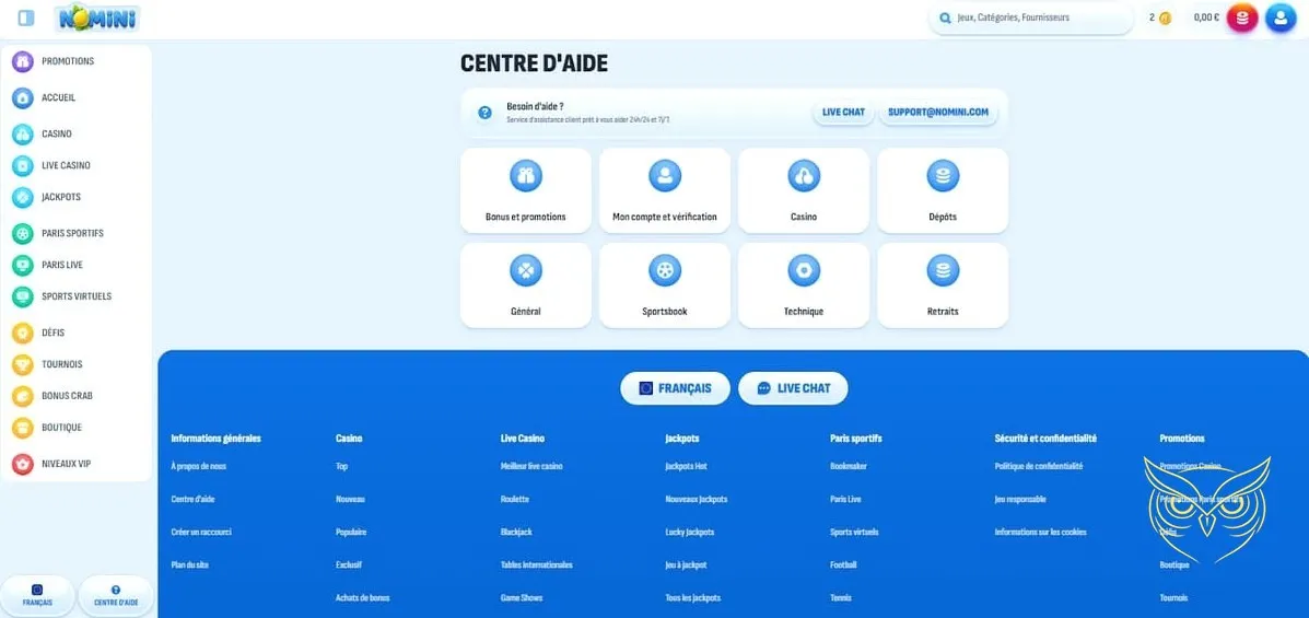 Interface du bookmaker sportif Nomini Casino