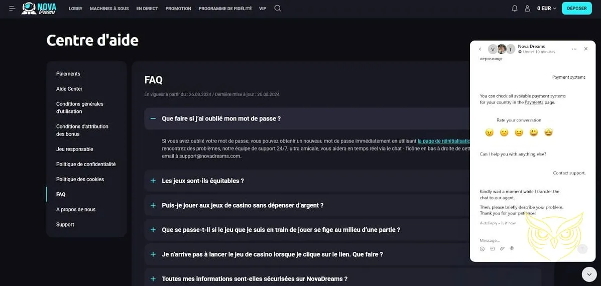 Capture d'écran de jeux de table NovaDreams Casino.