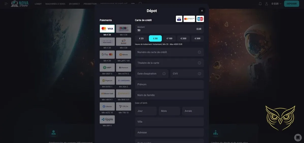 Capture d'écran du casino live NovaDreams.