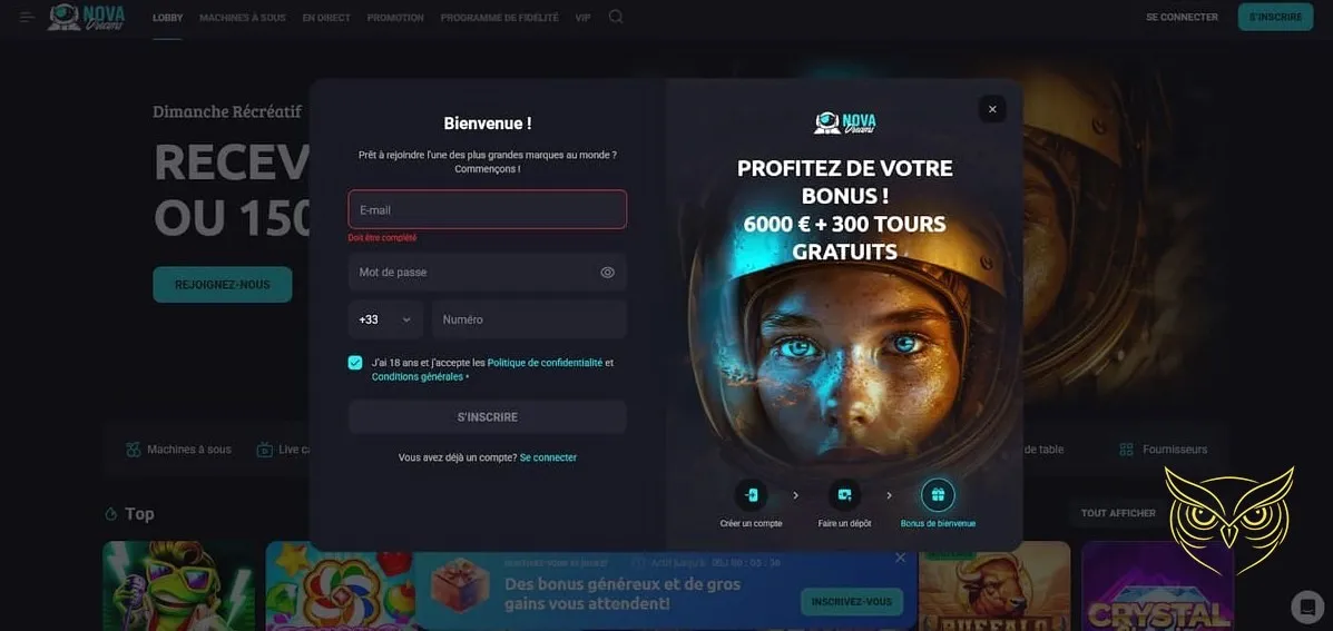 Bannière du pack de bienvenue NovaDreams Casino.