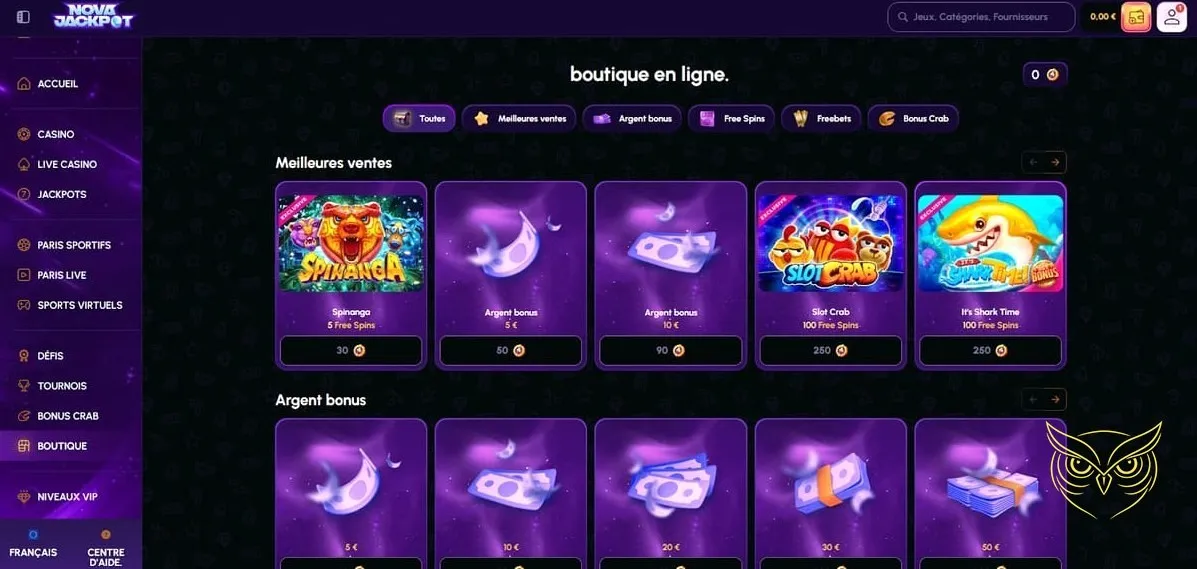 Interface des paris sportifs du casino NovaJackpot
