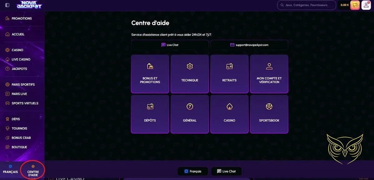 Interface des paris sportifs en direct NovaJackpot