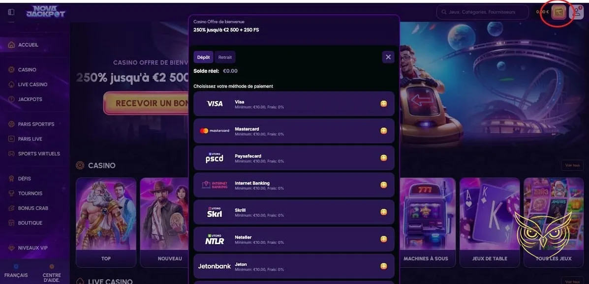 Message d'erreur de match en direct NovaJackpot