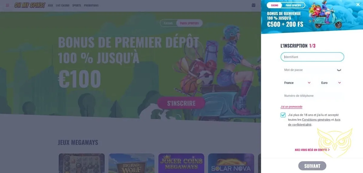 Bannière du bonus premier dépôt OhMySpins Casino.