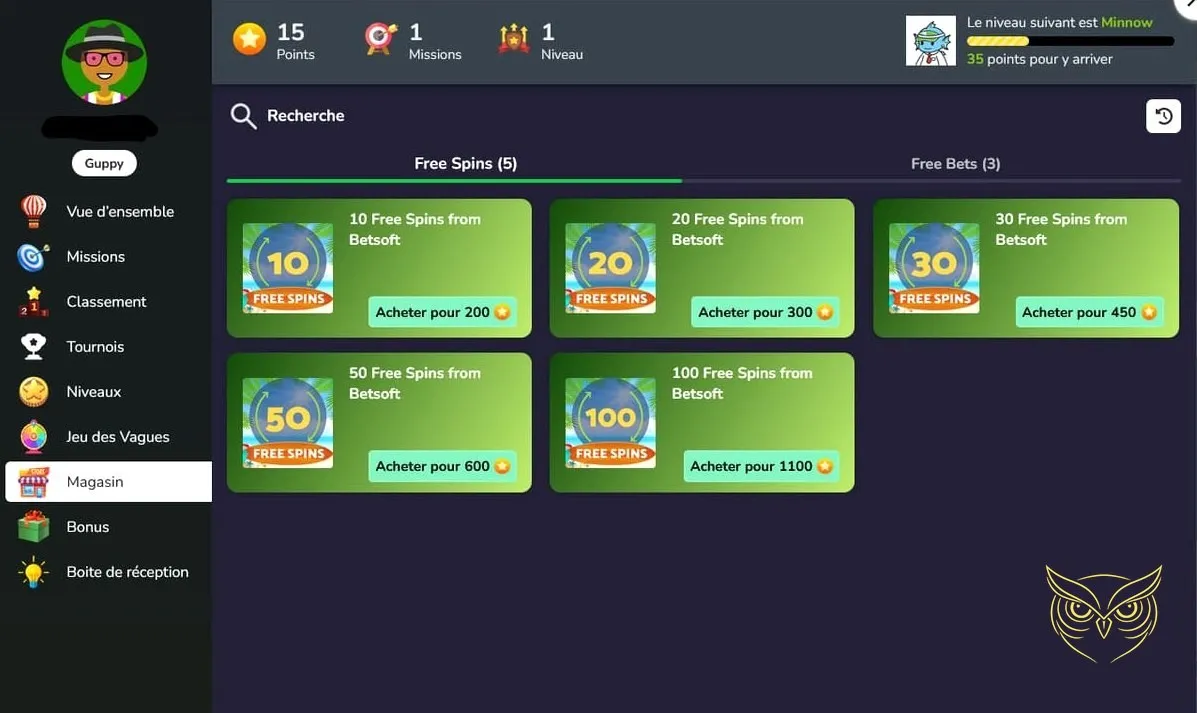 Fonctionnalité missions du casino Palm Slots