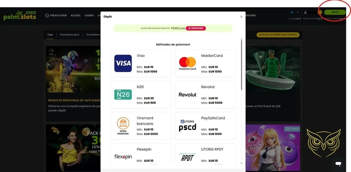 Section sports virtuels Palm Slots Casino