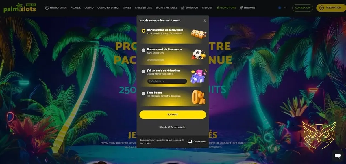 Détails pack de bienvenue Palm Slots Casino