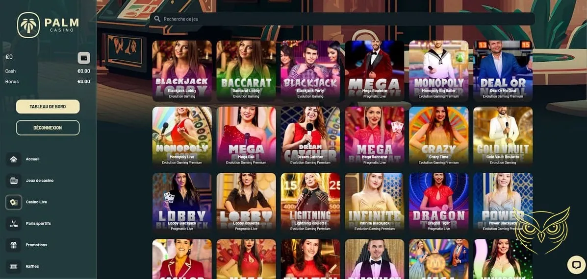 Interface du jeu de poker Palm Casino