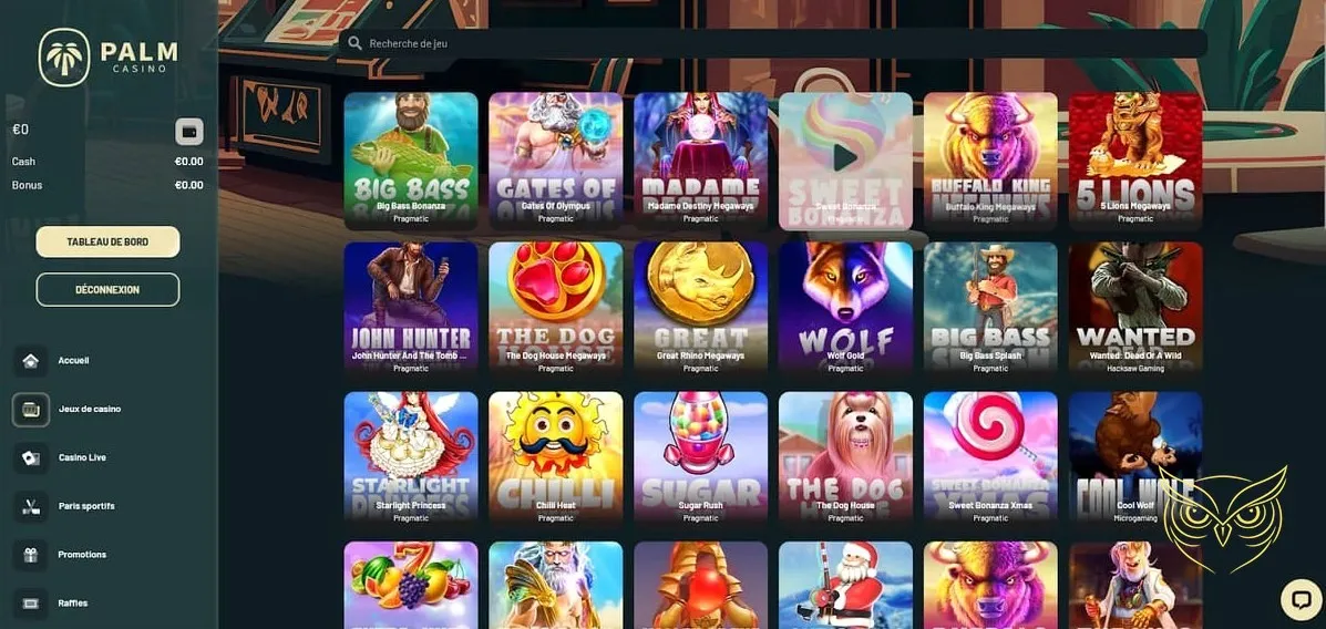Fonctionnalité de streaming en direct Palm Casino
