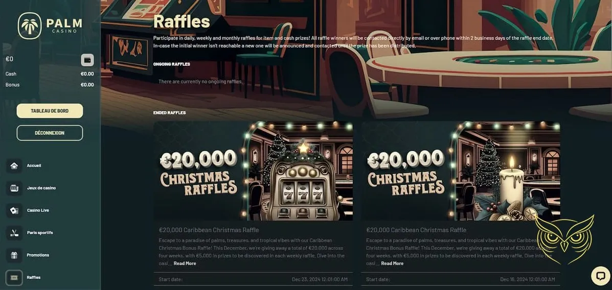 Interface de dépôt de fonds Palm Casino