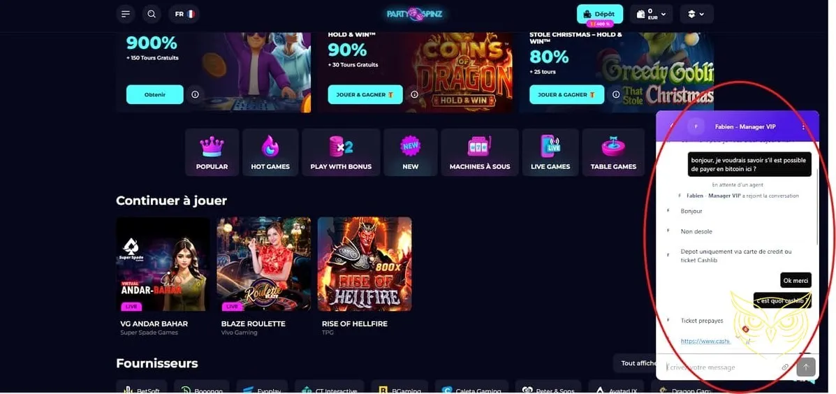 Processus d'inscription PartySpinz Casino