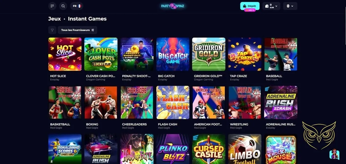 Section jeux instantanés PartySpinz Casino