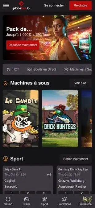 Capture d'écran de l'application mobile Placebet Casino