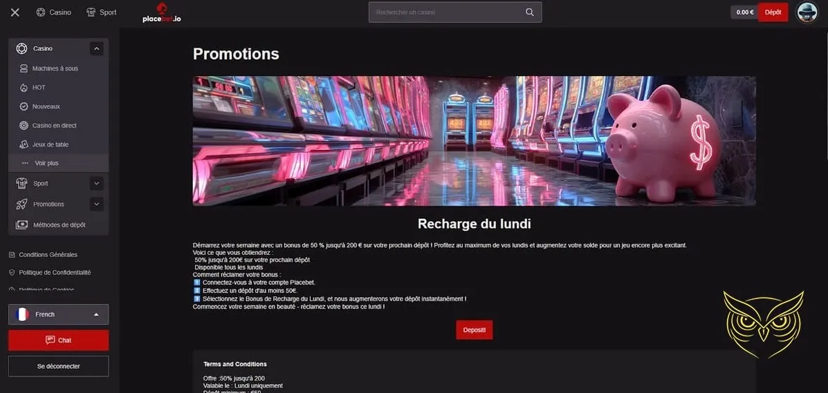 Bouton de dépôt des fonds sur Placebet Casino
