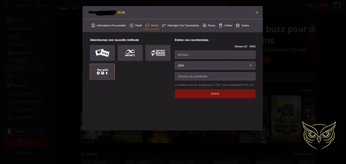 Bouton de retrait des gains sur Placebet Casino