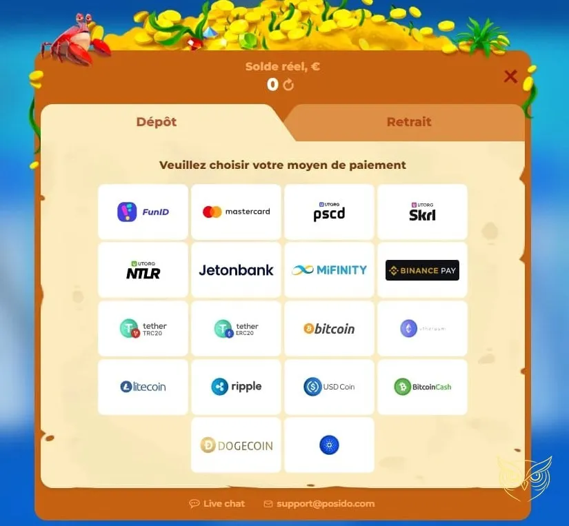 Section dédiée aux paris en direct Posido