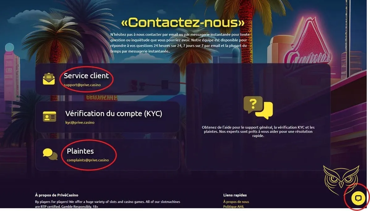 Fenêtre de discussion du support client Privé Casino.