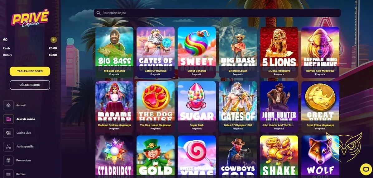 Interface de paris virtuels Privé Casino.