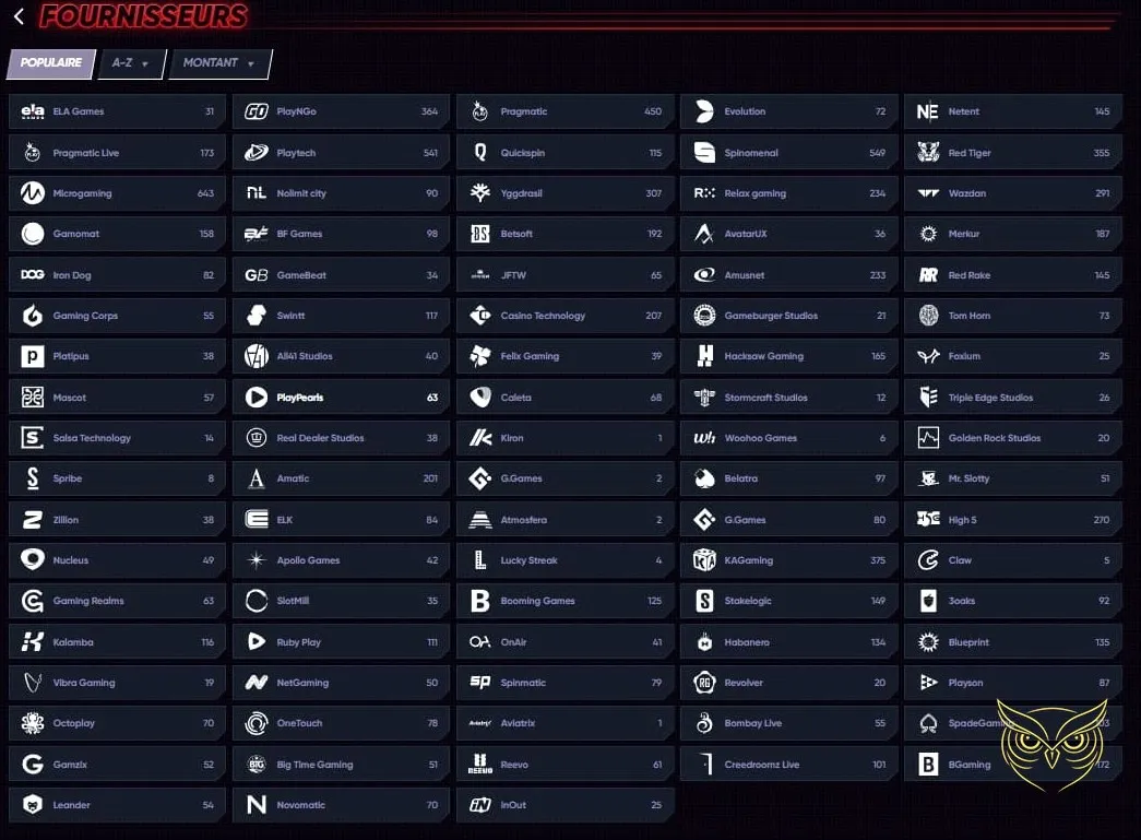 Liste des tournois de casino QuickWin.