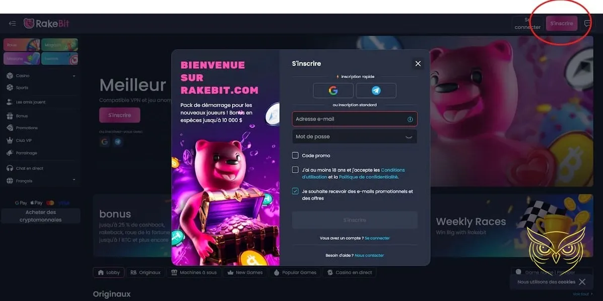 Interface de jeu du casino en live Rakebit.