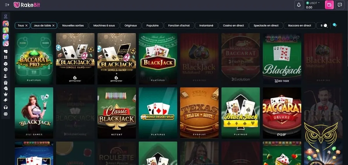 Section bookmaker pour paris sportifs Rakebit Casino.