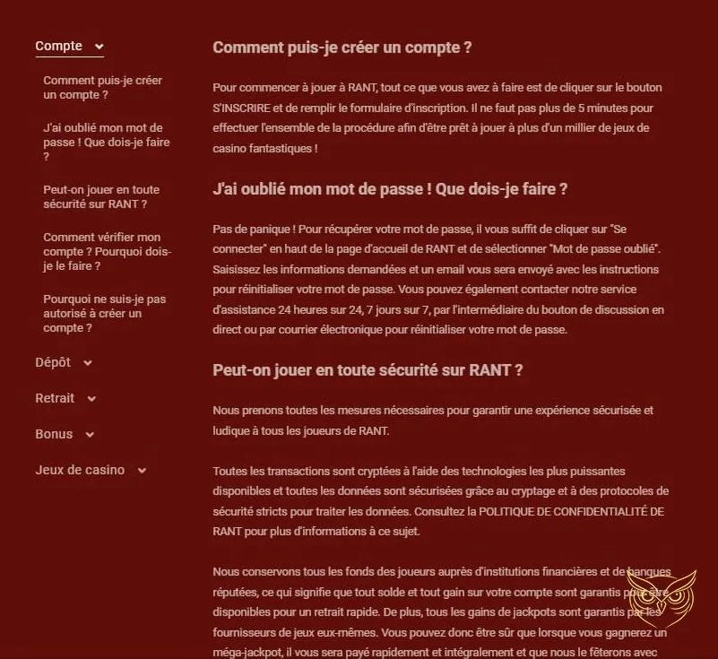 Interface du casino live en direct Rant.