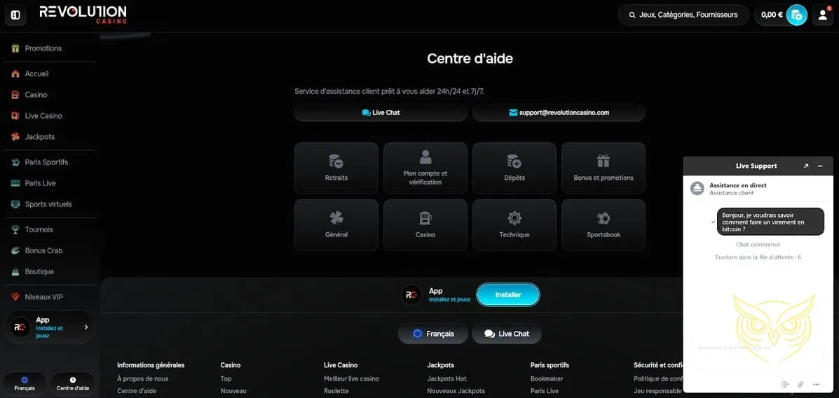 Interface de jeu du casino live Revolution Casino.