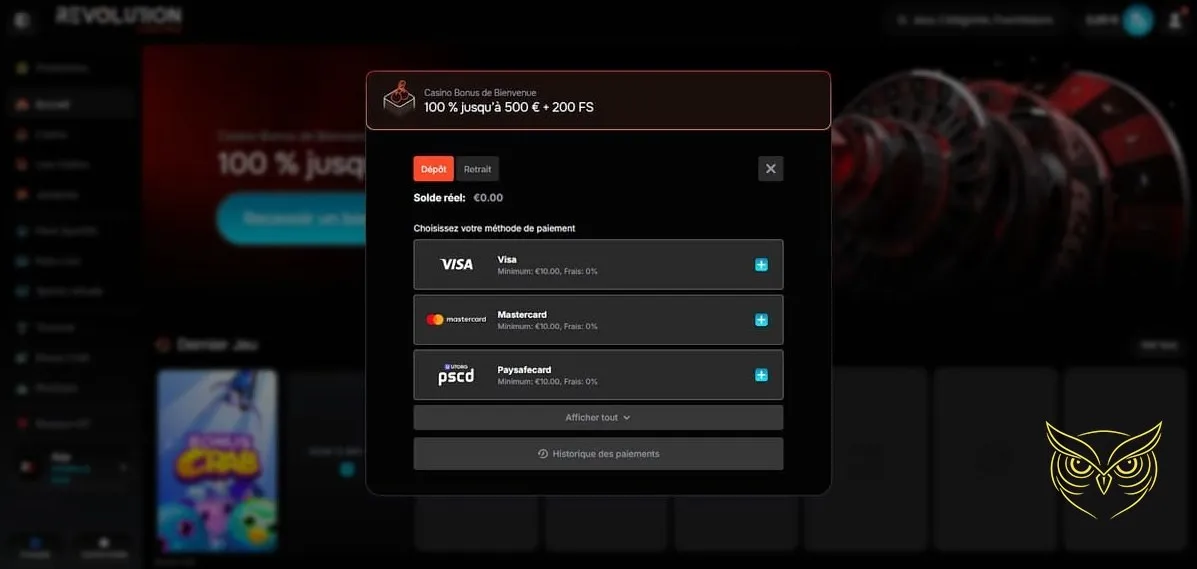 Section des paris sportifs Revolution Casino.