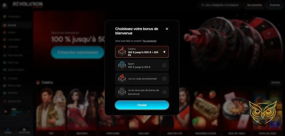 Interface des paris sportifs en direct Revolution Casino.