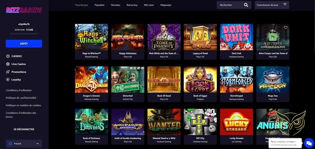 Graphique des niveaux de fidélité Rizz Casino