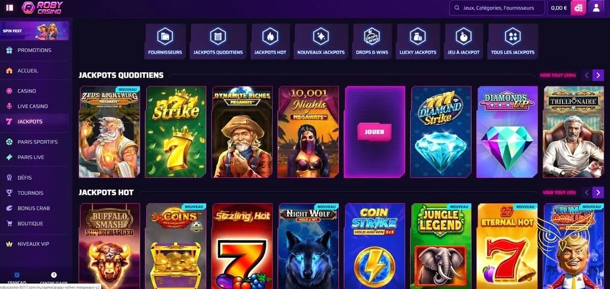 Section des défis et missions Roby Casino