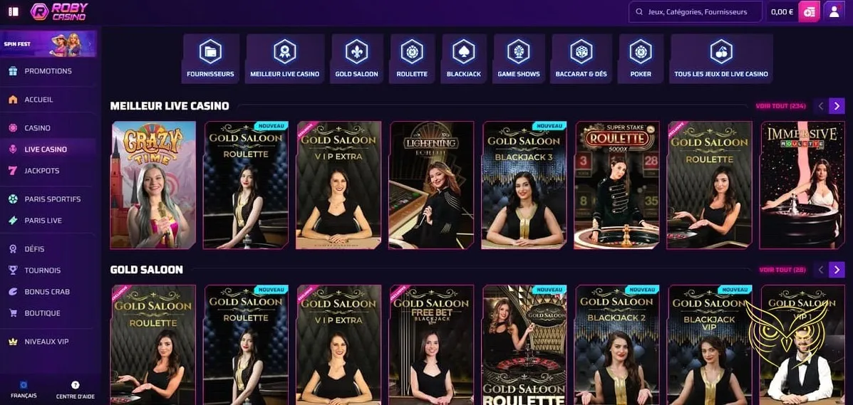 Interface des tournois de jeux Roby Casino
