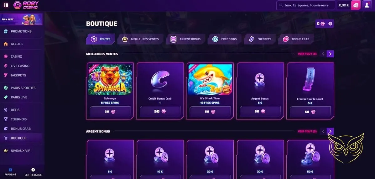 Section des jackpots progressifs Roby Casino