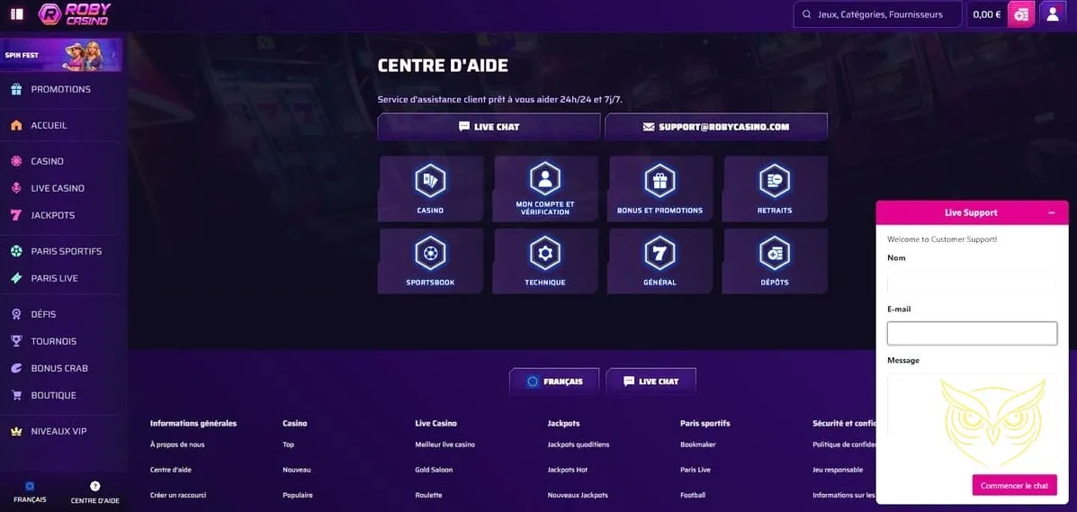 Interface de paris sportifs Roby Casino