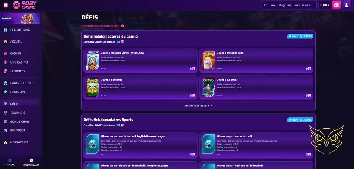 Section des paris sportifs en direct Roby Casino