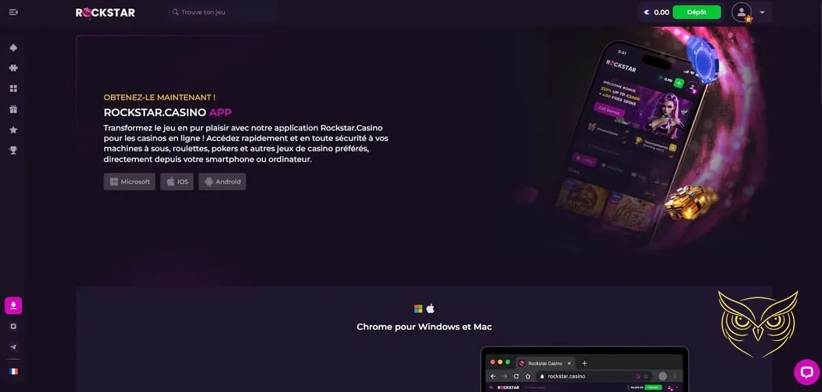 Interface mobile du casino Rockstar Casino